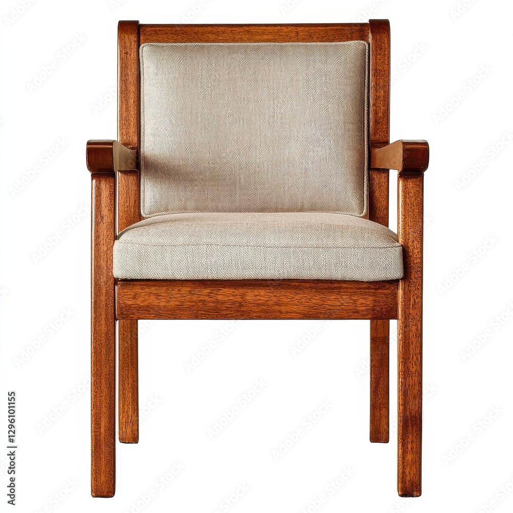 A wooden armchair with cushioned seat and back, isolated on white, showcasing a blend of classic style and comfort, perfect for home or office spaces. A wooden armchair with cushioned seat and back, isolated on white, showcasing a blend of classic style and comfort, perfect for home or office spaces.