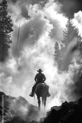 In a monochrome photo, a cowboy sits on a horse, seen from behind, staring into the distance