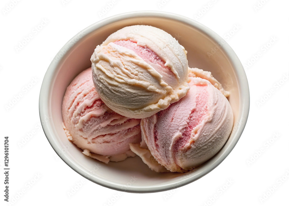 Strawberry Swirl Ice Cream in White Bowl-A bowl filled with three scoops of strawberry and vanilla swirl ice cream, showcasing creamy texture and vibrant colors.
Strawberry Swirl Ice Cream in White Bowl-A bowl filled with three scoops of strawberry and vanilla swirl ice cream, showcasing creamy texture and vibrant colors.
