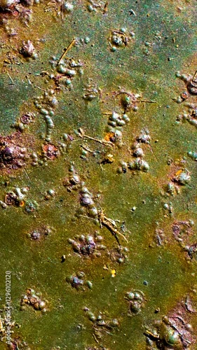 rusting old metal plate painted with green paint