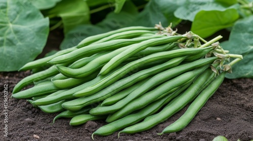 Close Up Of Fresh Organic Green String Beans Harvesting, In A Vegetable Garden With Rich Soil photo