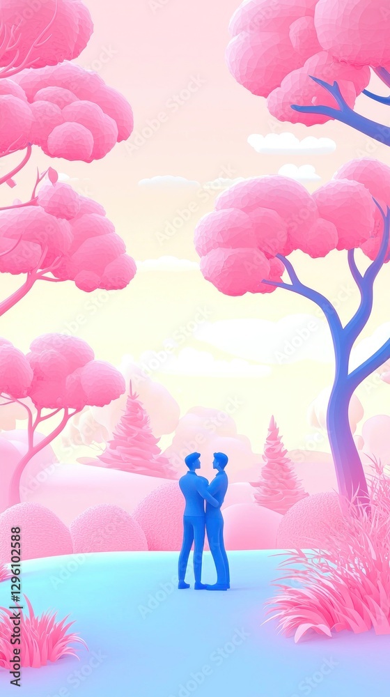 Two figures embrace in a pastel pink forest at dawn. Possible stock photo Two figures embrace in a pastel pink forest at dawn. Possible stock photo