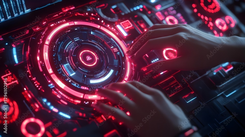 Futuristic control panel with glowing red and blue lights, hands interacting with technology in a dark room Futuristic control panel with glowing red and blue lights, hands interacting with technology in a dark room
