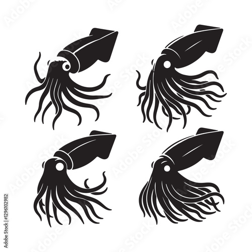 Flowing Giant Squid silhouette, a masterpiece of nature’s design - Giant Squid illustration - Minimalist Giant Squid vector - Fish silhouette
