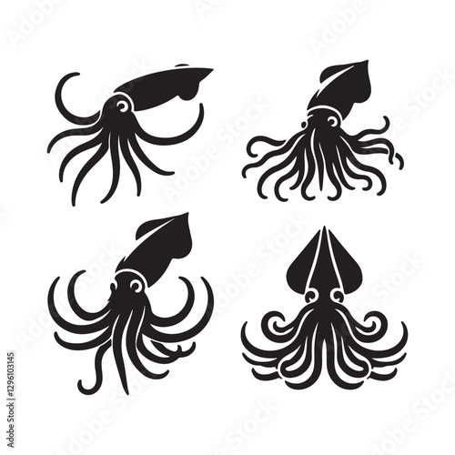 Surging Giant Squid silhouette, reigning supreme in the ocean depths - Giant Squid illustration - Minimalist Giant Squid vector - Fish silhouette
