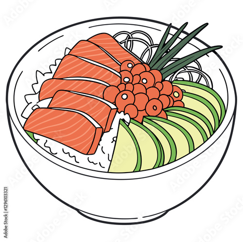A colorful seafood donburi with fresh sashimi slices, ikura (salmon roe), and shredded nori on a bed of rice, on a white plate.