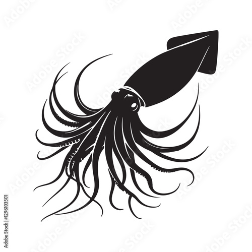Sleek Giant Squid silhouette, the embodiment of marine power - Giant Squid illustration - Minimalist Giant Squid vector - Fish silhouette
