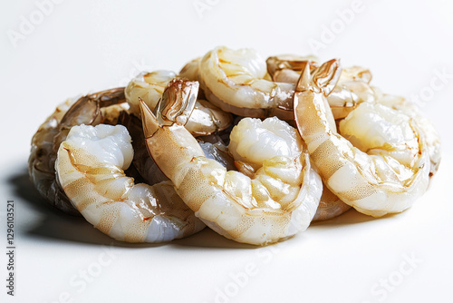 A fresh pile of raw, peeled and deveined shrimp on a white surface, ready to be cooked for a delicious seafood meal, showcasing natural texture.