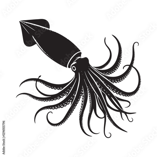 Eerie Giant Squid silhouette, a phantom of the deep - Giant Squid illustration - Minimalist Giant Squid vector - Fish silhouette

