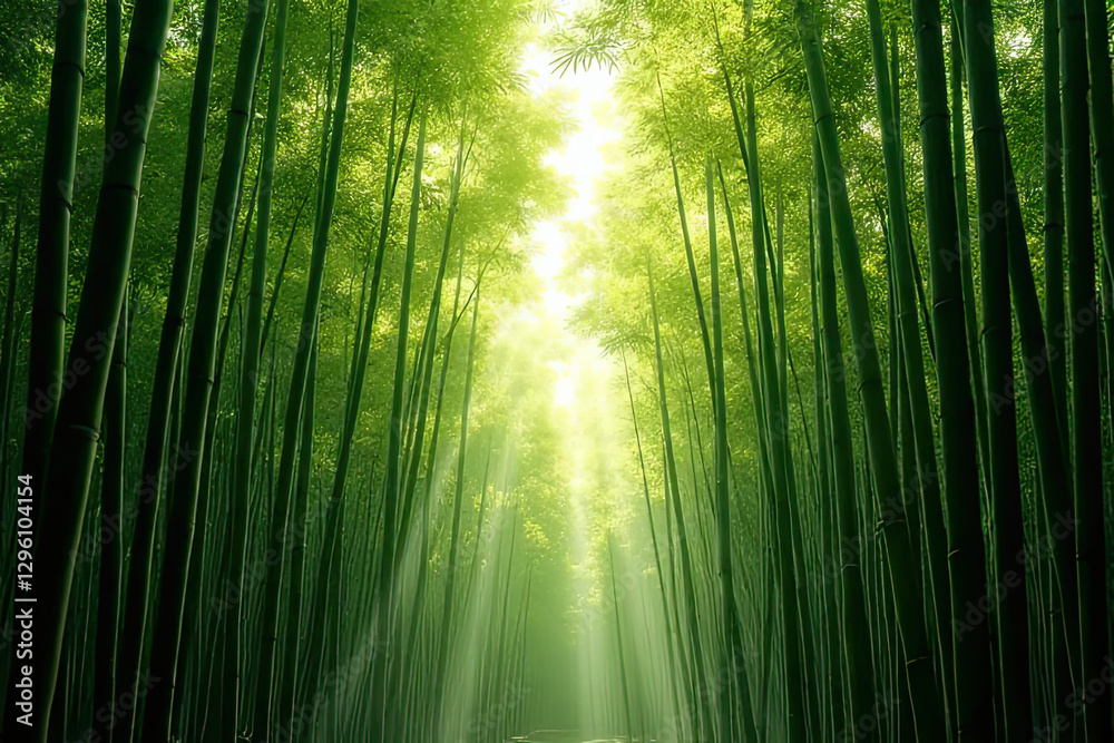 Fototapeta premium Majestic Bamboo Forest with Sunlight Streaming Through Lush Green Canopy Creating a Serene and Mystical Atmosphere in a Peaceful and Picturesque Natural Landscape