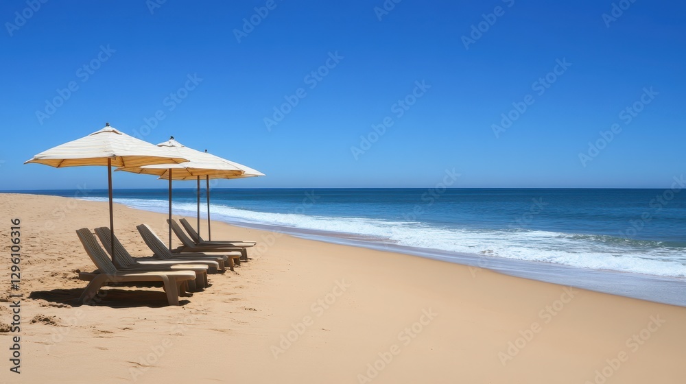 A serene beach scene featuring lounge chairs and umbrellas, inviting relaxation by the ocean's edge under a clear blue sky. A serene beach scene featuring lounge chairs and umbrellas, inviting relaxation by the ocean's edge under a clear blue sky.