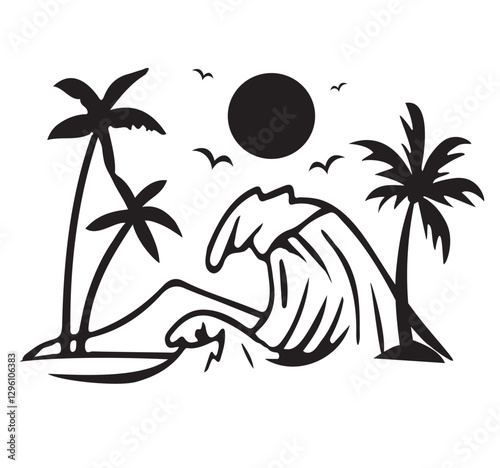 Palm trees, sun and wave silhouette vector illustration
