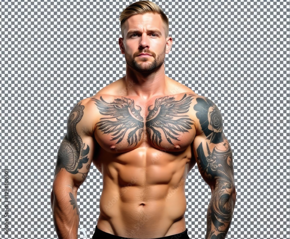 Fototapeta premium A tattooed muscular man poses in hyper-realistic detail against a transparent high-resolution background.
