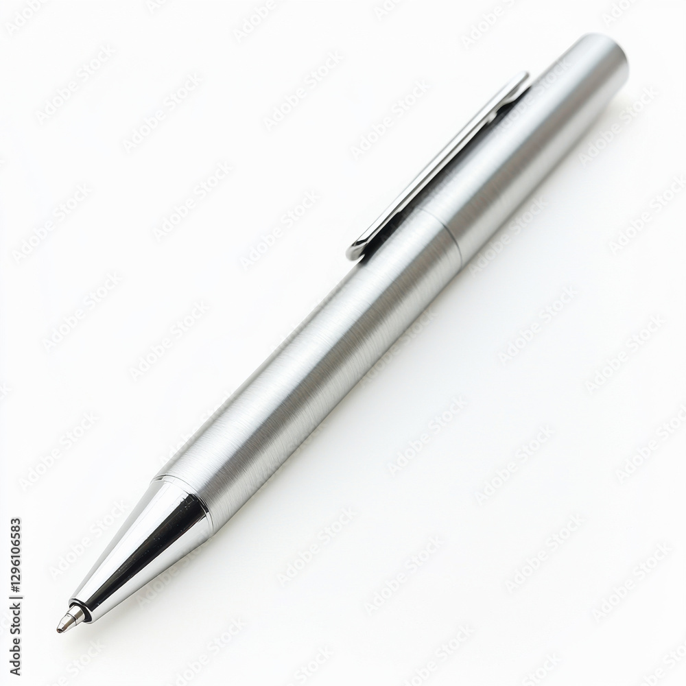 A sleek brushed silver pen lies diagonally on a white background, exuding modern professionalism and emphasizing minimalist, functional design for everyday use. A sleek brushed silver pen lies diagonally on a white background, exuding modern professionalism and emphasizing minimalist, functional design for everyday use.