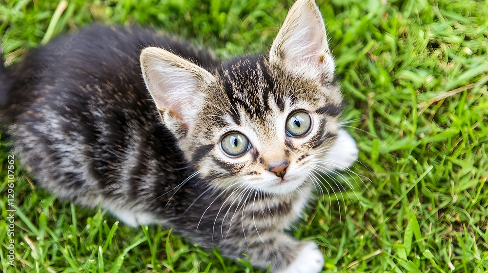 Curious Tabby Kitten Looking Up While Playing in Lush Green Grass Outdoors Curious Tabby Kitten Looking Up While Playing in Lush Green Grass Outdoors