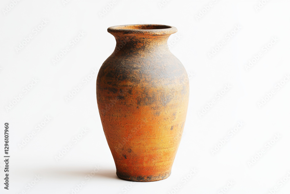 An antique orange terracotta vase with a narrow neck and aged texture, standing on a white background, evokes rustic charm and timeless beauty with its earthy tones. An antique orange terracotta vase with a narrow neck and aged texture, standing on a white background, evokes rustic charm and timeless beauty with its earthy tones.
