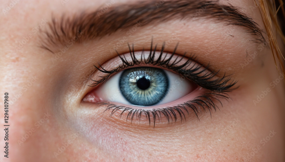 detailed macro shot of female eye showcasing vibrant blue iris and eyelashes detailed macro shot of female eye showcasing vibrant blue iris and eyelashes