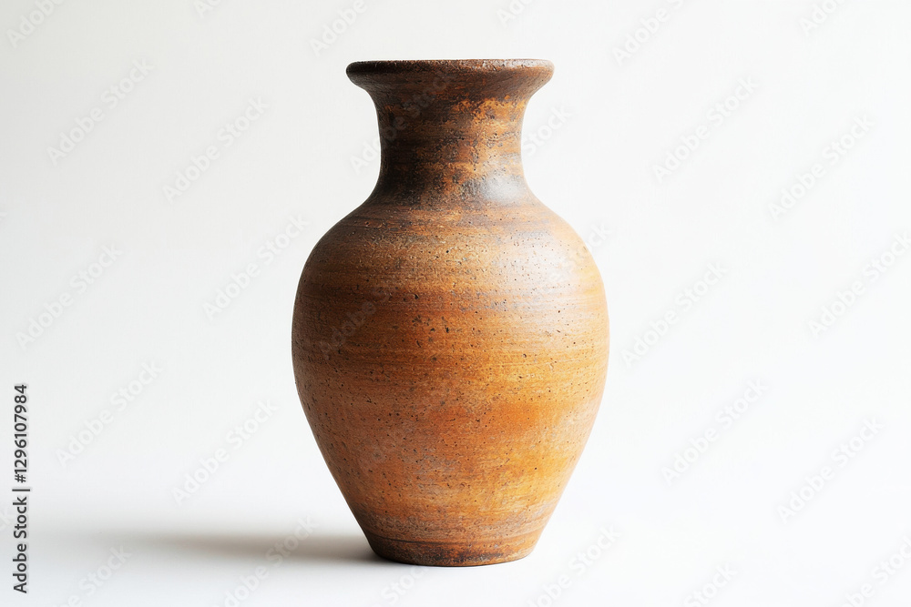 An old, rustic, earthenware vase with narrow neck against a white background, showcasing its rough texture and warm brown and orange color palette. An old, rustic, earthenware vase with narrow neck against a white background, showcasing its rough texture and warm brown and orange color palette.