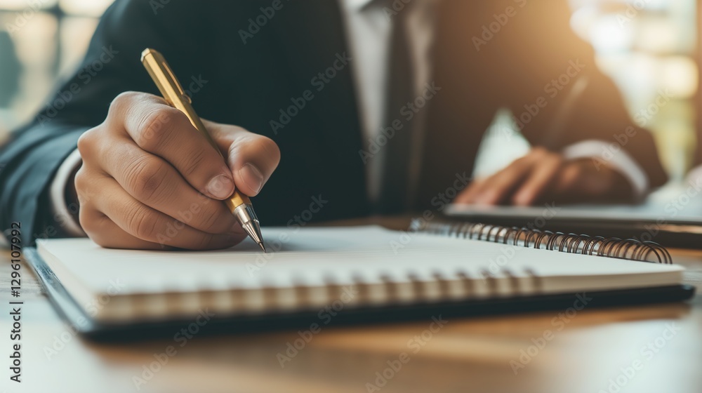 custom made wallpaper toronto digitalClose-up of a businessman's hand writing in a notebook with a pencil on an office desk. This image represents the business concept and idea for success in work or study