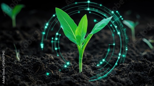 Futuristic Plant Growth Concept with Digital Elements and Soil Displaying Environmental Impact and Technological Innovation in Agriculture