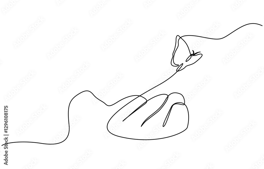 Fototapeta premium Continuous one line drawing of hand holding butterfly, One continuous line drawing of hand holding butterfly. Beautiful flying moth for well being beauty or spa salon logo in simple linear style. 