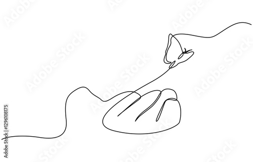 Continuous one line drawing of hand holding butterfly, One continuous line drawing of hand holding butterfly. Beautiful flying moth for well being beauty or spa salon logo in simple linear style. 
