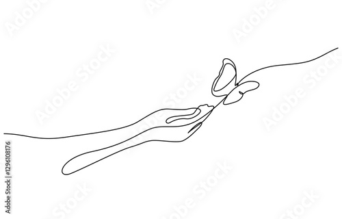 Continuous one line drawing of hand holding butterfly, One continuous line drawing of hand holding butterfly. Beautiful flying moth for well being beauty or spa salon logo in simple linear style. 