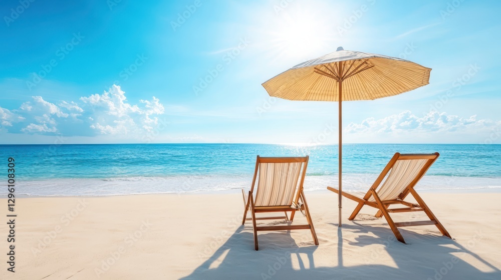Two chairs under a colorful umbrella, set against a sandy beach backdrop, inviting relaxation and enjoyment of the sun and sea. Two chairs under a colorful umbrella, set against a sandy beach backdrop, inviting relaxation and enjoyment of the sun and sea.