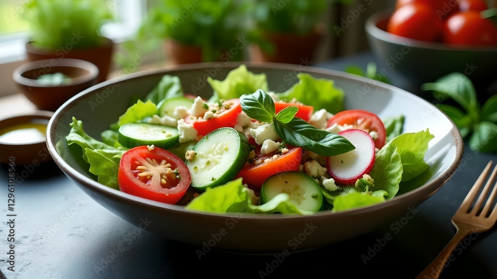 Fresh green salad with cherry tomatoes and feta cheese served on a rustic wooden table in a cozy kitchen setting Fresh green salad with cherry tomatoes and feta cheese served on a rustic wooden table in a cozy kitchen setting