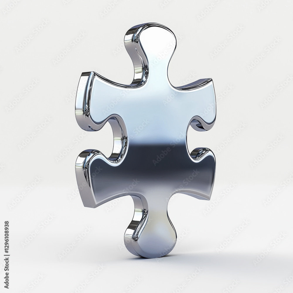 A shiny chrome jigsaw puzzle piece is set against a white background, symbolizing teamwork, collaboration, and strategic problem-solving in a corporate environment. A shiny chrome jigsaw puzzle piece is set against a white background, symbolizing teamwork, collaboration, and strategic problem-solving in a corporate environment.