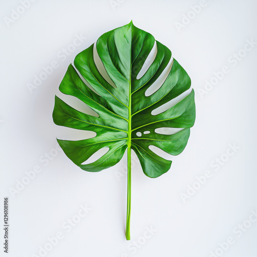 A single vibrant Monstera leaf isolated against a crisp white background showcasing its unique fenestrations, capturing tropical freshness and minimalist botanical beauty.