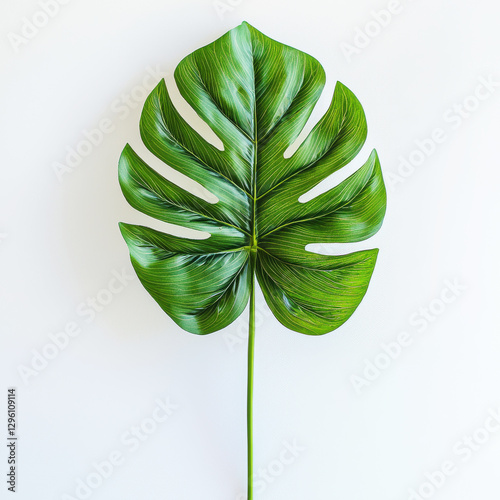 Isolated vivid green Monstera leaf against white backdrop highlighting fenestrations and texture, conveying tropical summer vibes and interior decor freshness, natural beauty.