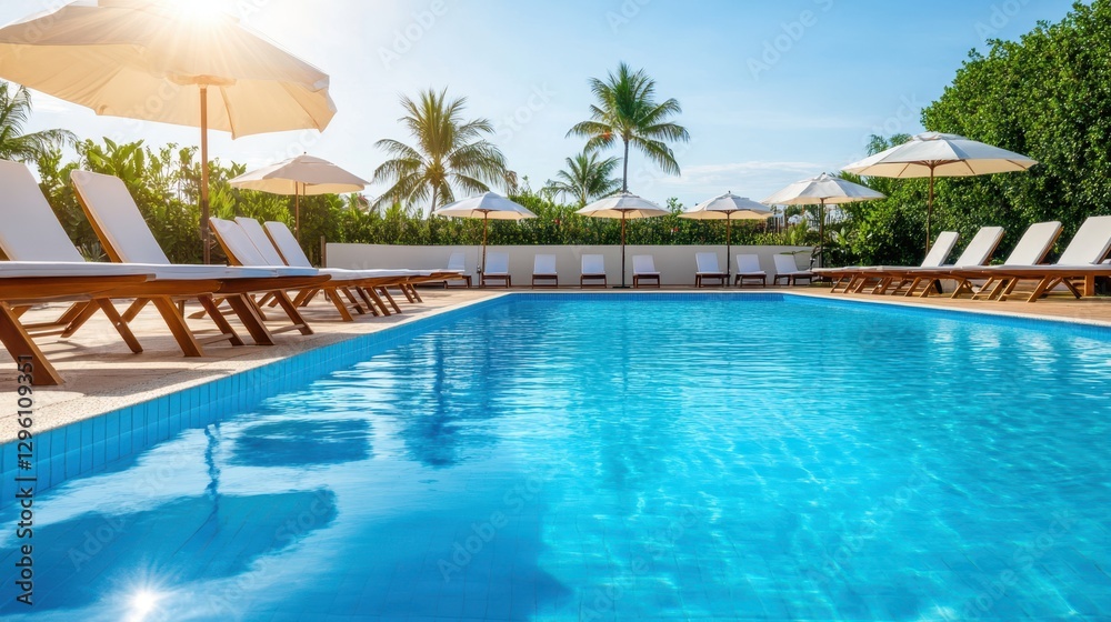 The image features numerous chairs and colorful umbrellas arranged around a sparkling pool, creating a vibrant and inviting atmosphere for relaxation. The image features numerous chairs and colorful umbrellas arranged around a sparkling pool, creating a vibrant and inviting atmosphere for relaxation.