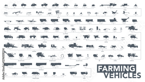 Farming vehicles icon set. Agricultural machines silhouette on white. Vector illustration