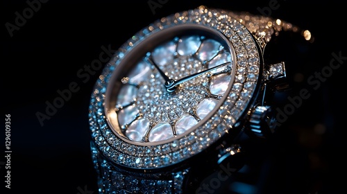 A luxurious diamond-encrusted watch with a mother-of-pearl dial, glowing against a black background