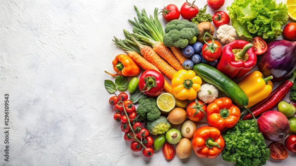 A colorful arrangement of fresh ripe vegetables and fruits on a minimalist white background, showcasing vibrant colors and textures , farm fresh, gourmet A colorful arrangement of fresh ripe vegetables and fruits on a minimalist white background, showcasing vibrant colors and textures , farm fresh, gourmet