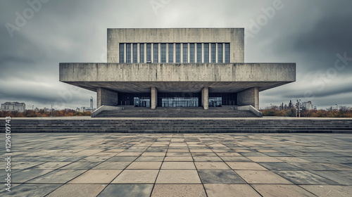 Brutalist concrete building with a symmetrical design, large steps, and moody sky in an urban setting