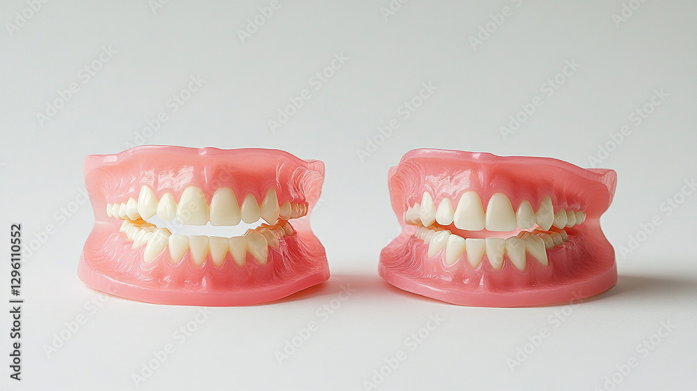Two full sets of upper and lower teeth on a white background. Two full sets of upper and lower teeth on a white background.