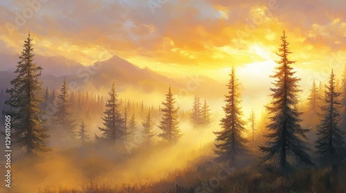 A misty veil shrouds the majestic spruce treetops, their branches reaching towards a sky bathed in the ethereal glow of the rising sun. Sunlight filters through the fog, casting a golden halo of