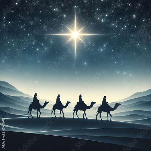 Three wise men on camels journey through the desert, guided by a bright star, symbolizing hope and discovery.

