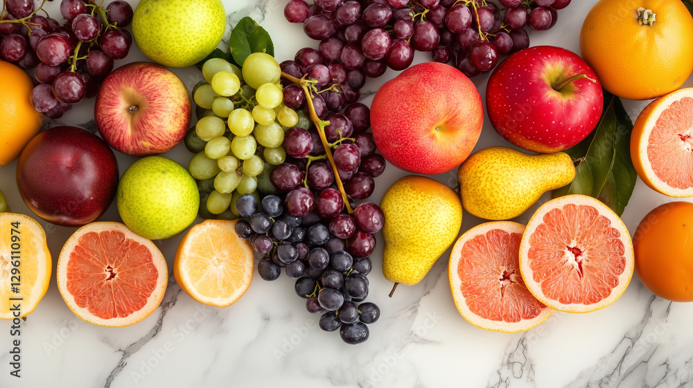 photo of lot of vegetables and fruits on marble background photo of lot of vegetables and fruits on marble background