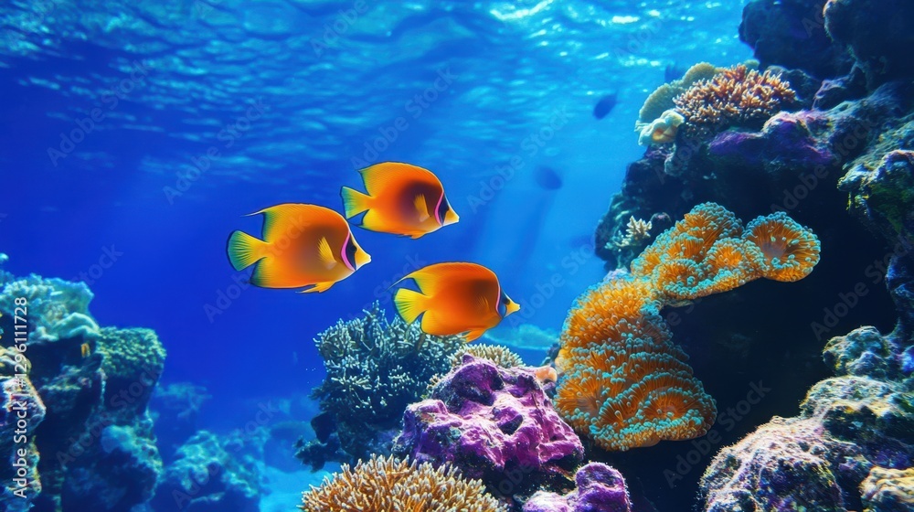 Naklejka premium Three fish swim gracefully near vibrant coral in clear water, showcasing the beauty of marine life and the underwater ecosystem.