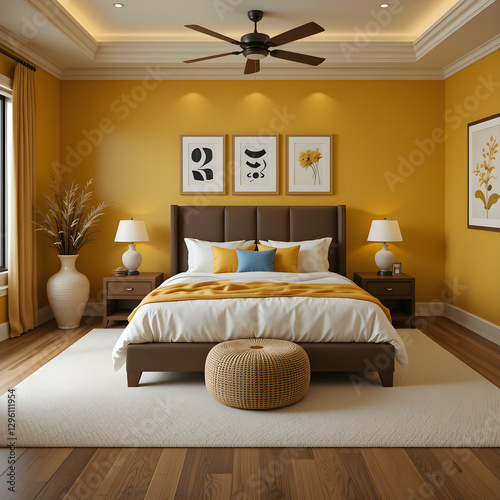 bedroom interior, interior design, modern living room with bad, Full Shot of a Bedroom | Large Bed with Elegant Headboard