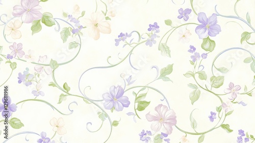 Fresh Spring Azulejos Pattern With Delicate Flowers and Swirling Vines. Generative AI