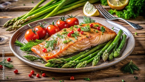 Fresh baked salmon fillet on a plate garnished with asparagus spears, cherry tomatoes and fragrant herbs like parsley and dill in a rustic, natural setting , tomatoes, healthy