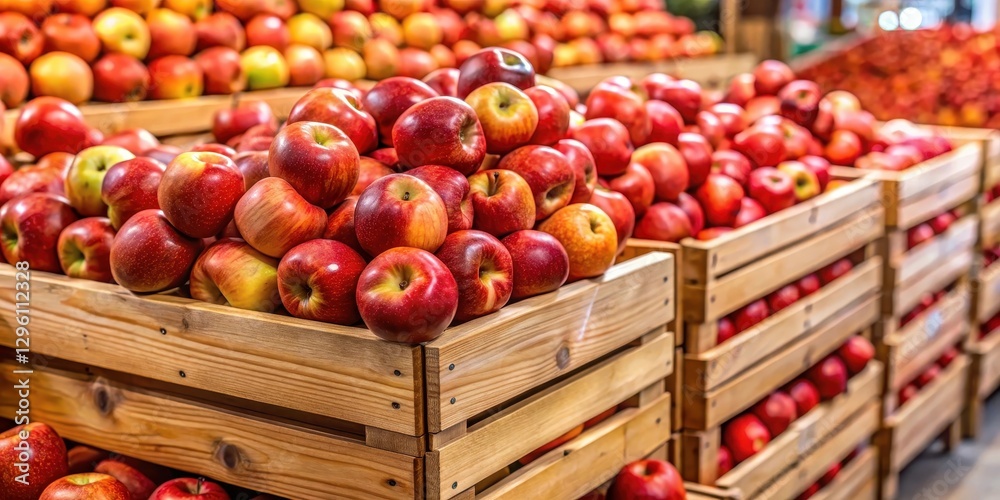 Fresh red apples piled high in a large wooden crate , grocery store, apples, grocery store Fresh red apples piled high in a large wooden crate , grocery store, apples, grocery store