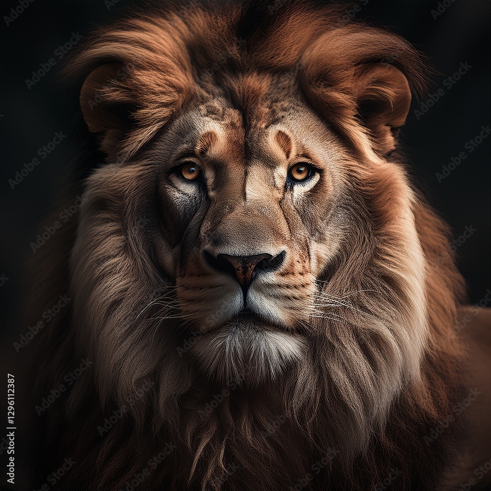 Fototapeta premium A striking lion with a deep, introspective gaze sits in quiet dignity, its thick mane resembling a warrior’s battle cloak.