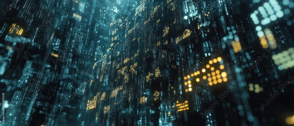 Abstract digital data stream, glowing teal and gold binary code.