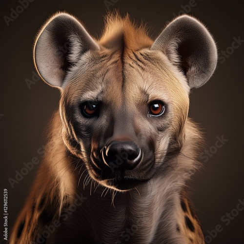 A hyena gazes with a curious yet mischievous look, its spotted fur and sharp ears giving it an air of both playfulness and cunning.
