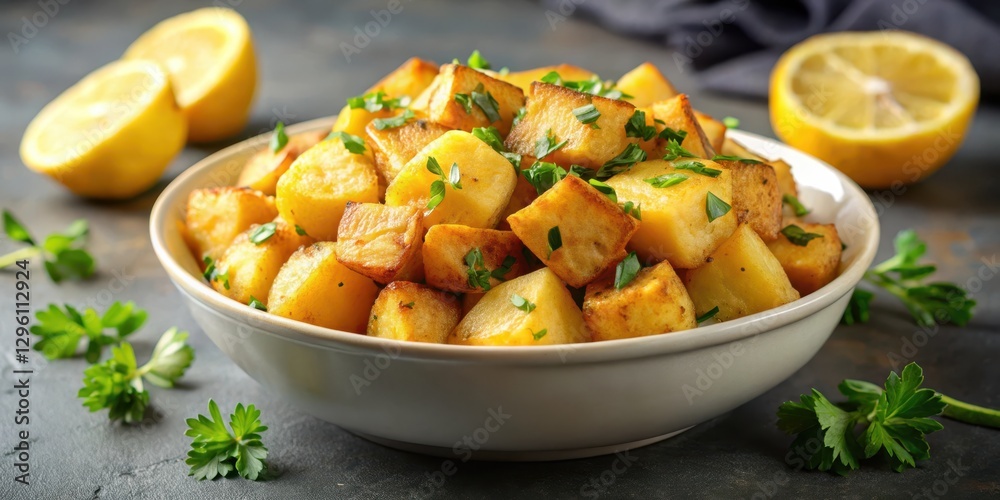 Crispy golden fried potato cubes served in a shallow bowl garnished with chopped fresh parsley and lemon wedges , appetizer Crispy golden fried potato cubes served in a shallow bowl garnished with chopped fresh parsley and lemon wedges , appetizer
